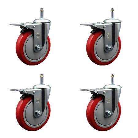Service Caster 5'' Red Polyurethane Swivel 7/16'' Stem Caster Set with Total Lock Brake, 4PK SCC-GRTTL20S514-PPUB-RED-716138-4
